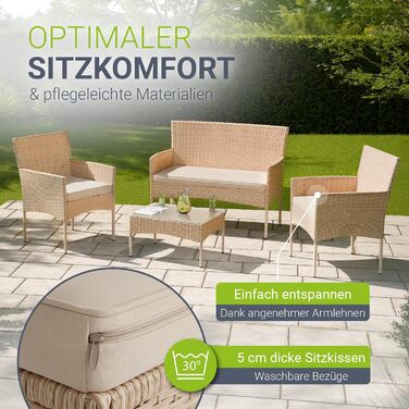 Садовий набір меблів Juskys Fort Myers з ротангу (кремовий) на 4 особи: диван, 2 крісла, стіл, подушки - вуличні меблі для балкона та саду