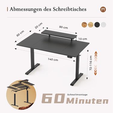 Регульований по висоті письмовий стіл Klicelor для геймінгу та офісу, 140x80 см, з LED-підсвіткою, розетками та підставкою для монітора, чорний