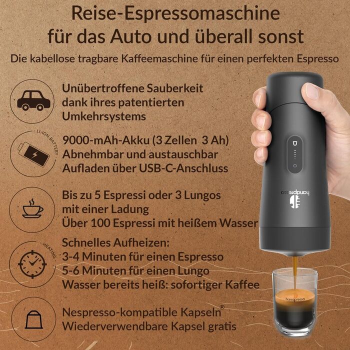 Handpresso Auto Set: портативна кавомашина для автомобіля, вана та кемпінгу | Espresso & Lungo | USB-C | для капсул