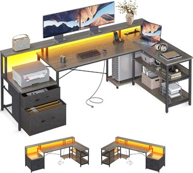 Кутовий стіл ODK L-подібної форми з ящиками, реверсивний, з LED-підсвічуванням та розеткою, 172.5×100 см (Колір: Сіра береза)