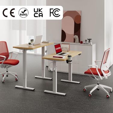 Регульований стіл Sanodesk з великою стільничною поверхнею, аксесуарами (підстаканник, гачки, органайзер, кабель-менеджмент), ергономічний для офісу та дому, шпон берези, 110x54 см, білий+шпон берези