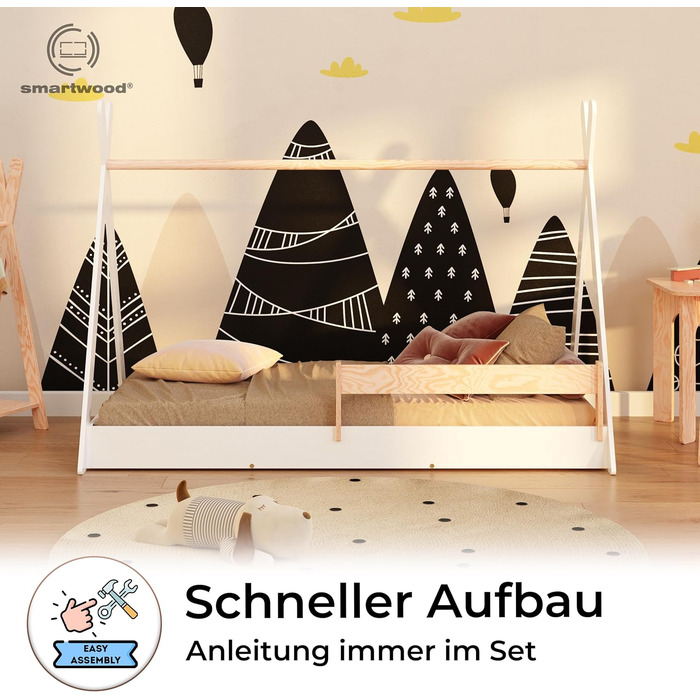 Дерев'яне ліжко-дитяча кімната Smartwood Hausbett: Монтессорі Тіпі з сосни з сертифікатом FSC, захист від падіння та ламелі до 230 кг, для хлопчиків та дівчаток, проста збірка (70x140, білий)
