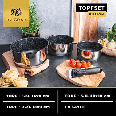 Набір каструль з знімними ручками (3 шт.) з нержавіючої сталі - сумісний з індукційними плитами. Набір каструль, сковорідок та посуду з гранітним покриттям