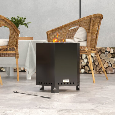 Вогнище, мангал для вогню, кострище, з мітлою, 45 x 38,8 x 46,5 см, сріблястий + чорний