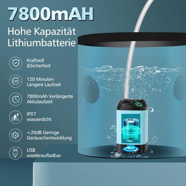 Портативний душ для кемпінгу з помпою, акумулятором 7800 мАг і індикатором заряду, комплект для душу з лійкою та шлангом для кемпінгу, саду, авто, пляжу, домашніх тварин
