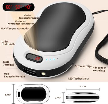 Електричні грілки для рук 2 шт. 10000 mAh з цифровим дисплеєм, USB-зарядка, Powerbank, подарунок на зиму для жінок та дітей (чорний/сріблястий)