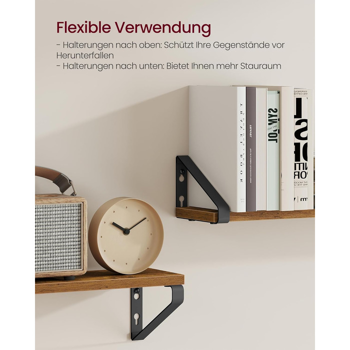 Настінна полиця VASAGLE, 6 шт. у наборі, полиці для стін, 30/35/40 см, для вітальні, кухні, кабінету, ванної кімнати, вінтажний коричневий + матовий чорний, LWS033K02