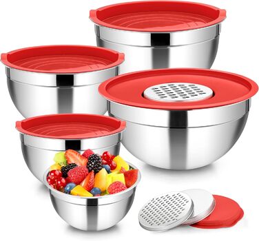 Набір мисок Homikit, 5 шт. з нержавіючої сталі, з кришкою та силіконовим дном, мультифункціональний, для салатів, 6.6L / 3.5L / 2.5L / 1.5L / 1L (червоний, з 3 тертками)