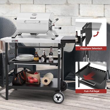 Набір для гриля Royal Gourmet: стіл-візок з 3 ярусами, стільниця з нержавіючої сталі 70x50 см та бічна полиця 30x50 см, для дачі та саду
