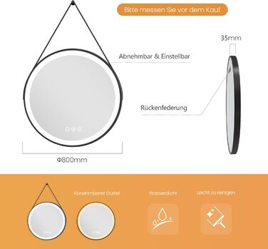 Круглий дзеркало для ванної кімнати EMKE з підсвічуванням 50см, регулювання кольору світла, антизапарник, пам'ять, сенсорне управління, таймер 3 години, енергозберігаючий