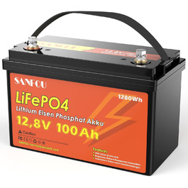 Акумулятор SANFOU 12V 100Ah LiFePO4, літієва батарея 1280 Втгод з BMS 100 А, автомобільні акумулятори 5000-15000 разів, підтримка 4S4P, ідеально підходить як джерело живлення для кемпінгу на автофургоні 12V100Ah