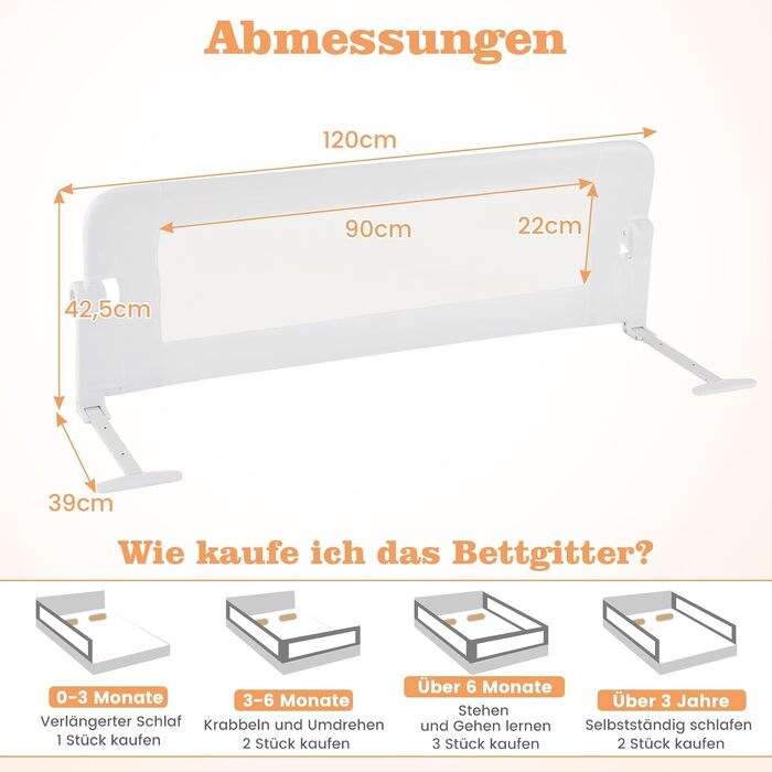 Бортик для ліжка COSTWAY складаний, захисний бар'єр для ліжка з регульованими ременями, швидке складання в один клік, захист від випадання для батьківських та дитячих ліжок (Сірий, 120x42 см)