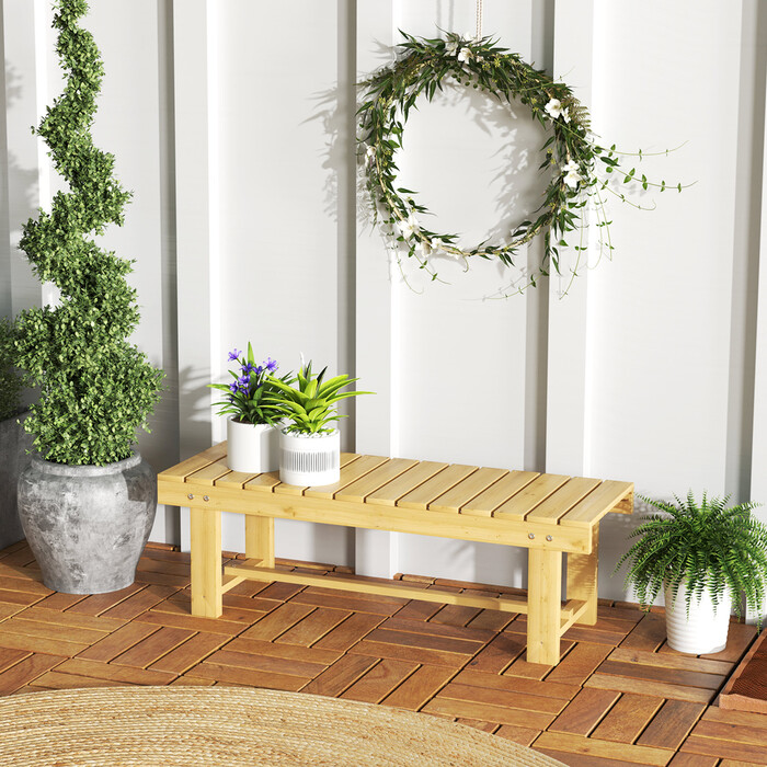 Садова лавка Outsunny 2-місна з масиву дерева, водонепроникна та міцна, 110 x 38 x 35 см, стійка для балкона, саду та тераси, натурального кольору