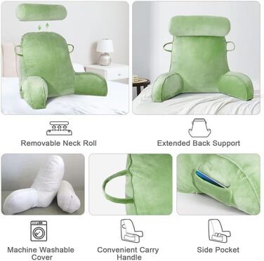 Крісло-подушка для читання Mingfuxin для ліжка, дивану, підлоги. З підголовником та підтримкою спини. Зелене