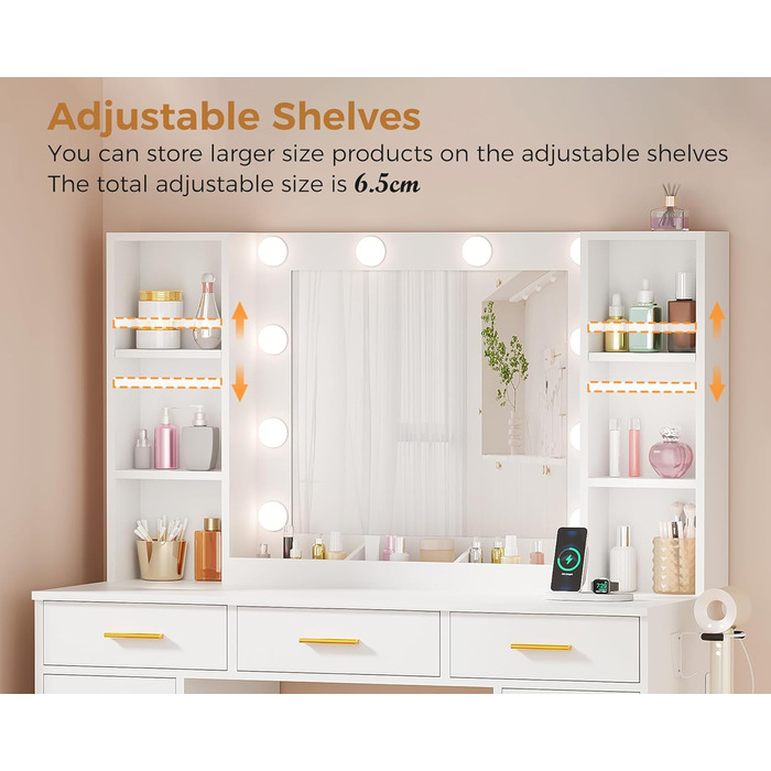 Великий туалетний столик ANWBROAD з регульованою LED-підсвіткою та 11 ящиками. Сучасний туалетний столик з дзеркалом, розетками, 6 відкритими полицями. Комплект з пуфом. Білий колір, 140x110x40 см. Модель BDT86W