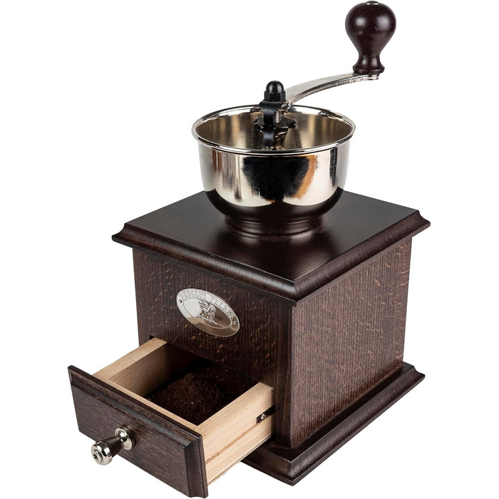 Кавомолка Peugeot Nostalgie - ручна, з регульованим сталевим жорном, 21 см, з воронкою, з бука, шоколадного кольору