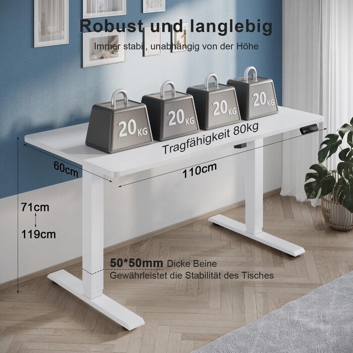 Регульований стіл 110x60 см, електричний, ергономічний, для дому та офісу, білий