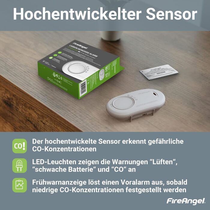 Детектор чадного газу Fire Angel FA3820 з батареєю на 10 років - для дому та подорожей, портативний CO-детектор та сповіщувач, білий
