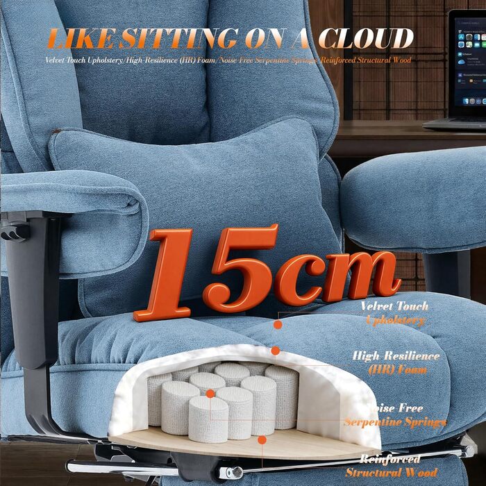 Ергономічний офісний стілець Efomao XXL до 200 кг, блакитний: крісло для важких користувачів з підставкою для ніг та товстим м'яким сидінням