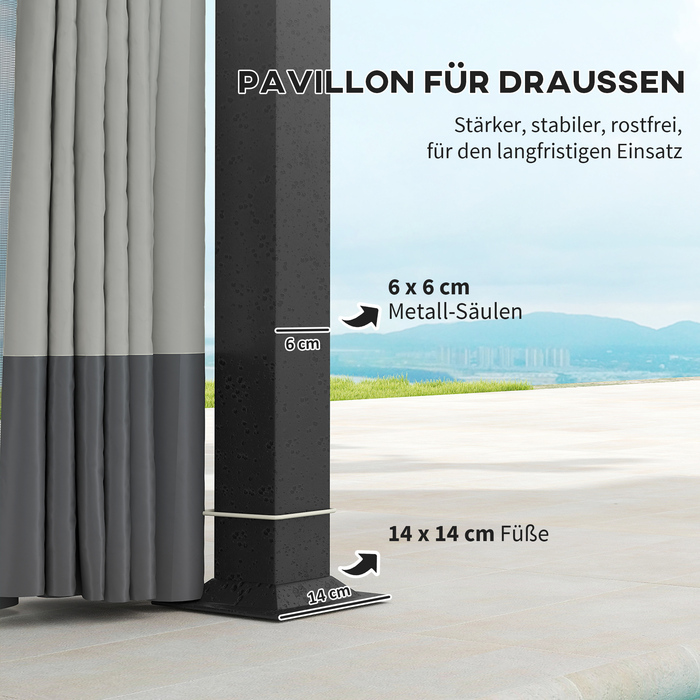 Газонний павільйон, 3,3 x 4 м, намет для саду з сітчастими шторами, двоярусна дах, обтяжка з екошкіри, металевий каркас, світло-сірий