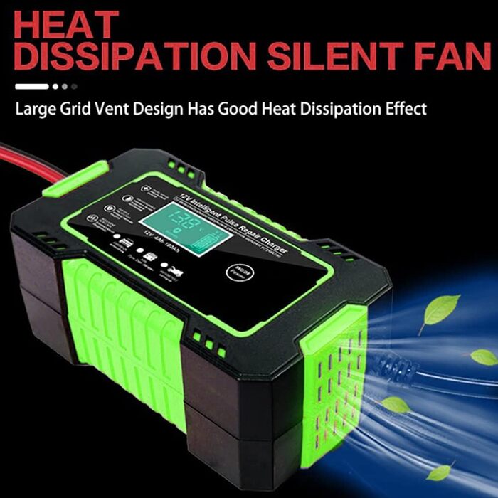 Зарядний пристрій для акумулятора 12V GREEN - автоматичний, інтелектуальний, з LCD, для авто, мото, газонокосарки, човна