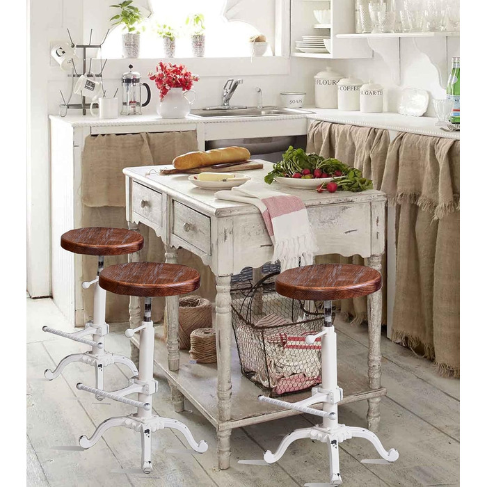 Табурет-стілець у стилі ретро/вінтаж від Topower: дерев'яний, поворотний, регульована висота, для кухні (античний білий)