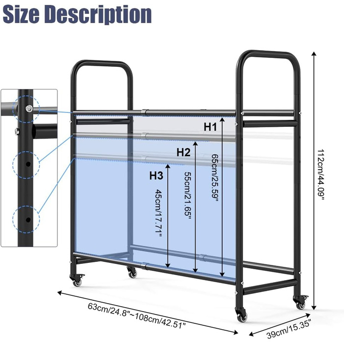 Стійка для шин BAOYOUNI на 4 шини/диски, 2 яруси, регульована, на колесах, для гаража, складу, майстерні, 57,2 x 37,3 x 114,6 см