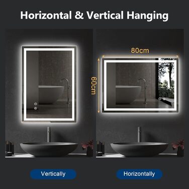 Дзеркало для ванної кімнати зі світлодіодним підсвічуванням 50x70 см, LED дзеркало з сенсорним вимикачем, 80x60 см з 3-кольоровим регулюванням яскравості