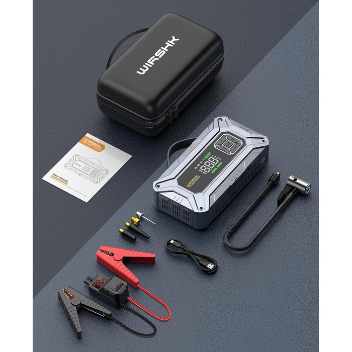 Портативний пусковий пристрій 8000A з повітряним компресором 160 PSI для бензинових та дизельних двигунів (до 10л), з дисплеєм та аварійною світлодіодною лампою