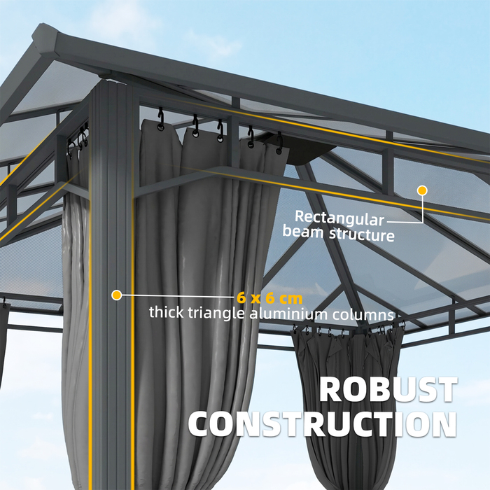 Павільйон для саду приблизно 3 x 3 м, металевий з дахом з полікарбонату товщиною 6 мм, 4 бічні панелі, захист від ультрафіолету UV50+, темно-сірий