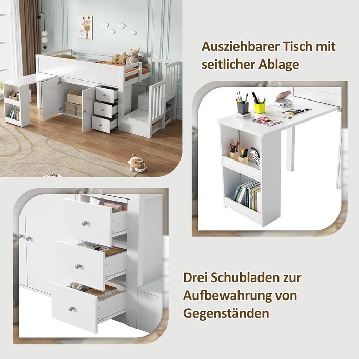 Ліжко дитяче 90x200, дерев'яне з шухлядами, полицями та бічною панелью, захистом від падіння, ламелями та місцем для зберігання, підліткове, функціональне, без матраца, біле