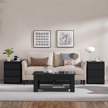 Нічний столик Yaheetech з 3 висувними ящиками, 2 розетками AC та 2 USB-портами, чорний колір. Підходить для спальні/вітальні.