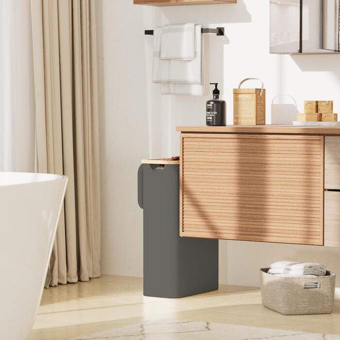 Кошик для білизни Youdenova з кришкою, 48л, вузький, з мішком для білизни, сортувальник, бамбук, білий