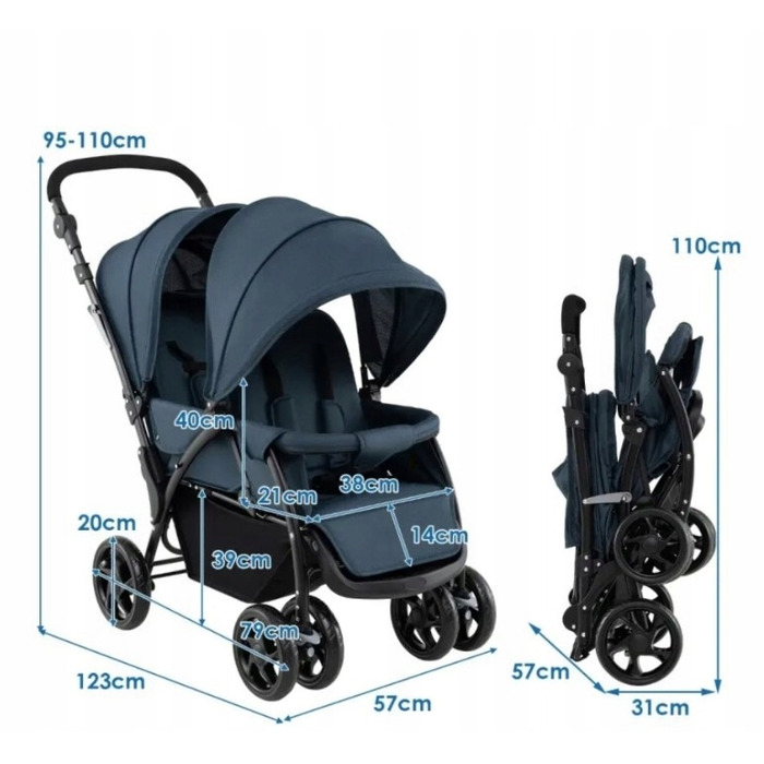 Подвійний прогулянковий візок для близнюків Twin Bugg, складаний, синій, Costway