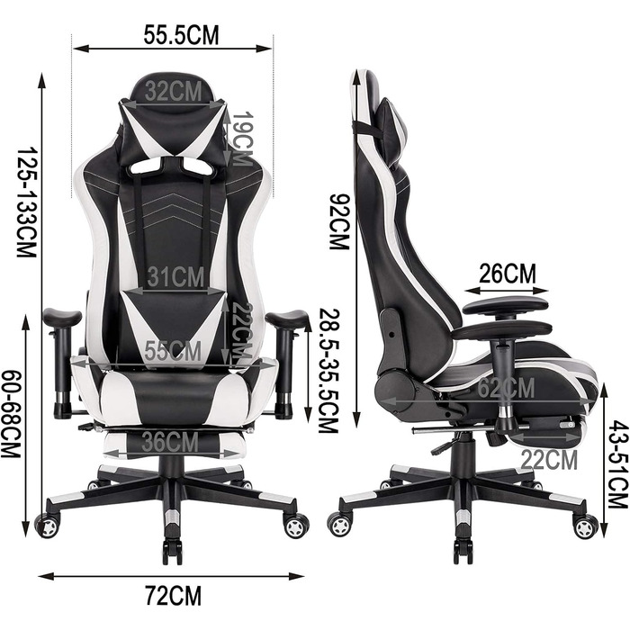 Ігрове крісло WOLTU, офісне крісло з поліуретанової шкіри Ігрове крісло ергономічне з поперековою подушкою, геймерське крісло Гоночне крісло для ПК з функцією гойдалки та підставкою для ніг Поворотне крісло в прямому ефірі ЧорнийБілий
