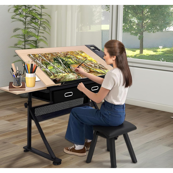 Регульований стіл для малювання, мольберт для художників, стіл для малювання з нахиленою поверхнею 0-80°, стіл для творчості з ящиками для дітей та дорослих