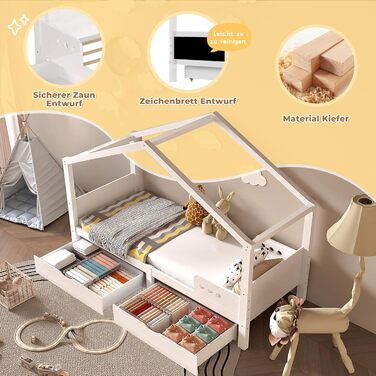 Двоспальне ліжко-хатинка для дітей 90x200 см з шухлядами, з натурального дерева (сосна), білий колір