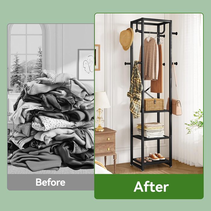 Підставка для одягу IBUYKE, вішалка для одягу з 3 полицями та 8 гачками, індустріальна вішалка для передпокою, коридору, спальні, природа та білий, TMJ088R, Природний та Білий (180 x 40 x 30 см, Чорний)