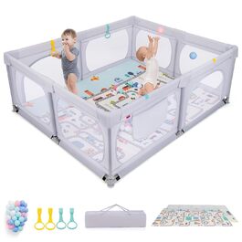 Манеж для дітей DREAMADE 189x158 см з матрацем, кільцями, 50 кульками, сумкою, захисний паркан для малюків 0-3 років, світло-сірий