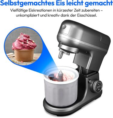 Кухонна машина MEDION MD18430: 3 в 1 (міксер, м'ясорубка, тістоміс), 5 л чаша з нержавіючої сталі, 1200 Вт, подрібнювач, нарізач, цифрова панель керування, з чашею для льоду та м'ясорубкою, з титановим ножем