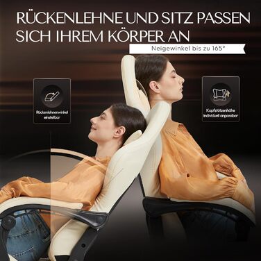 Ігровий крісло Dowinx з регульованою підніжкою, масажером попереку та офісним комфортом, до 200 кг, 165° нахил спинки, бежевий