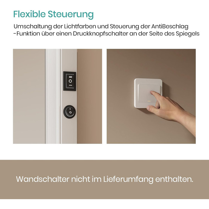 Дзеркало для ванної кімнати EMKE з підсвічуванням 120x60 см, тепле біле світло 3000K, вбудований вимикач, антизапар, 2 кольори світла