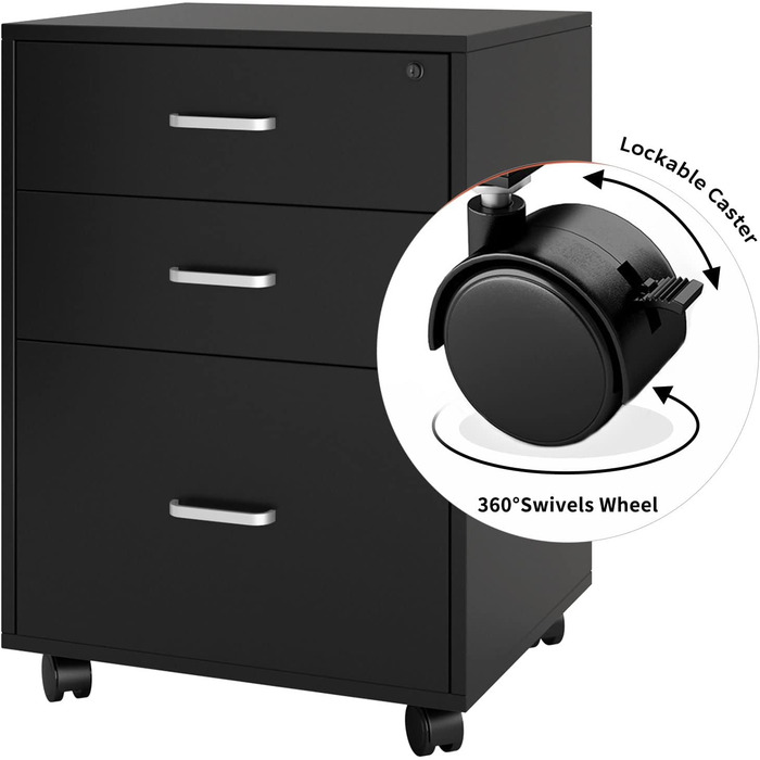 Шафа для документів SDHYL з 3 висувними ящиками на колесах, верхній ящик з замком, чорна, для дому та офісу
