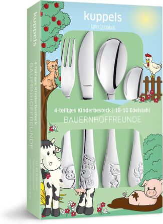 Персоналізований набір дитячого посуду Kinderbesteck (4 предмети) з гравіюванням імені – ніж, виделка, ложка, чайна ложка. Ідеальний подарунок на народження, хрещення, день народження (для любителів фермерської тематики)