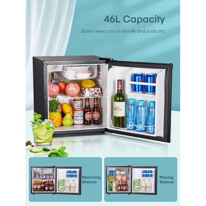 Міні-холодильник E 46L з морозильною камерою, низький рівень шуму 42 дБ, регулювання температури, колір нержавіюча сталь — для офісу, кухні та спальні