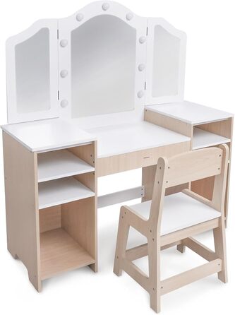 Детський туалетний столик Mamabrum XXL з дерева з пуфом та LED-дзеркалом. Туалетний столик для дівчаток з ящиком, аксесуарами та світлодіодним дзеркалом, від 3 років (MAM238 VANITY TABLE)