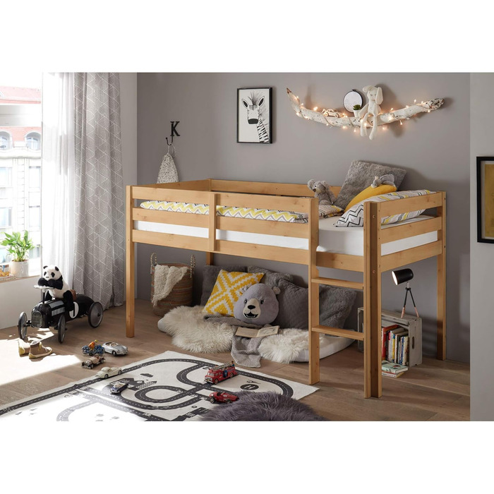Зі сходами та лежачою поверхнею 90 х 200 см - Компактні дитячі полиці з масиву сосни, білі - 97 x 113 x 207 см (W/H/D) (Натуральна сосна, ліжко)