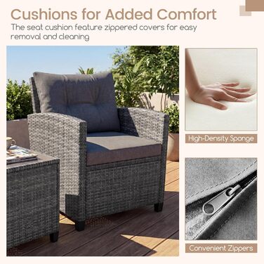 Набір садових меблів GIANTEX з ротангу для балкона та саду: 2 крісла та стіл, сірий з сірим (3 предмети) з подушками