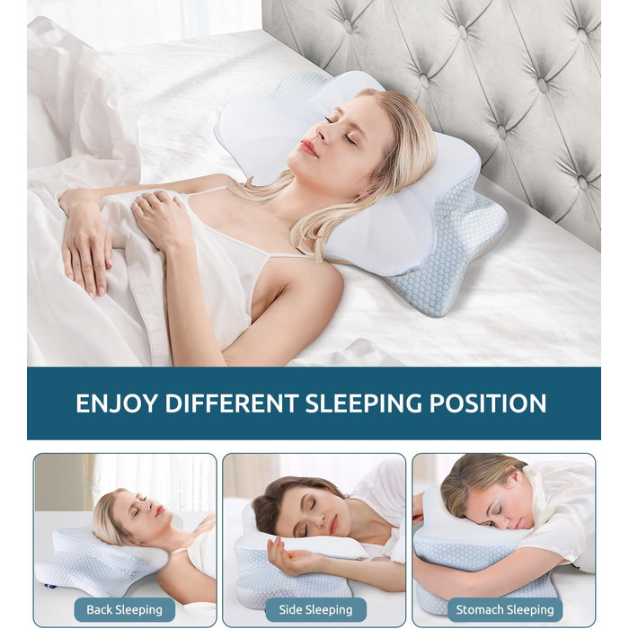 Подушка для шиї, подушка з піною з пам'яті, ергономічна подушка для шиї, подушка для тих, хто спить на боці, на спині та животі, сіро-білий колір (блакитний), 70 x 42 x 14 см
