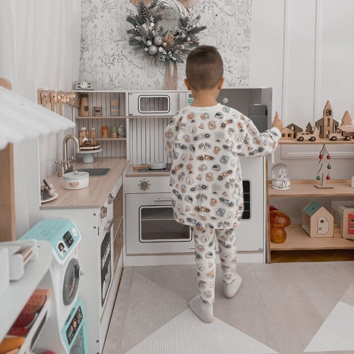 Дерев'яна кухня Мамабрум XXXL з LED-підсвічуванням та аксесуарами для дітей 3+ - набір іграшкової кухні з мікрохвильовою піччю, каструлями та столовим приладдям